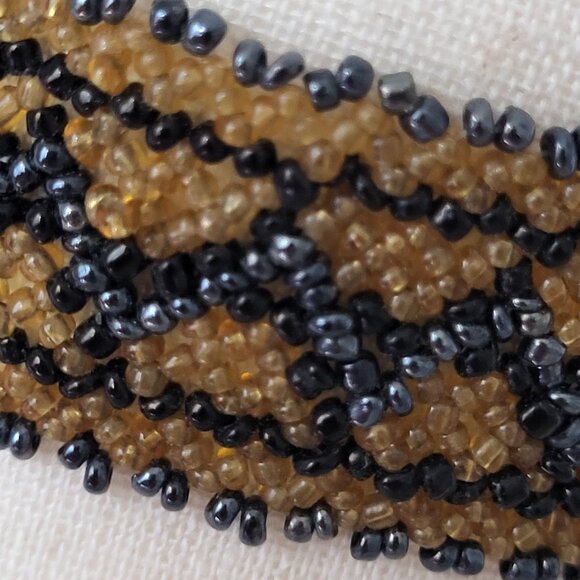 Vintage Beaded Wide Choker Gold Platinum & Black Glass Seed Beads 1" x 14.5" - Picture 9 of 11